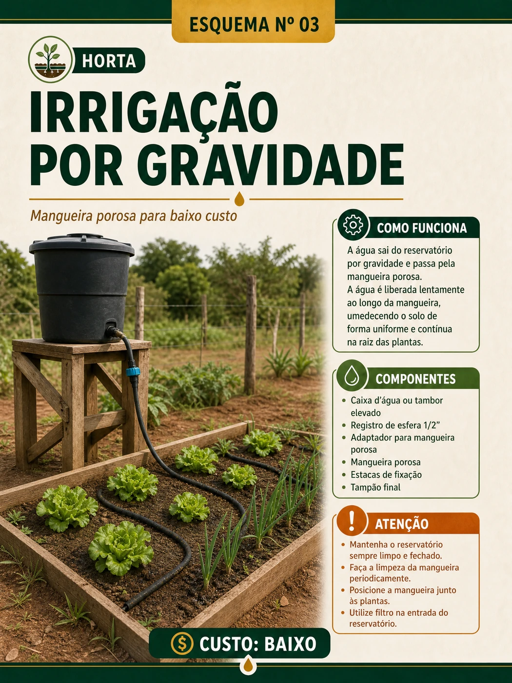Página sobre irrigação por gravidade com mangueira porosa