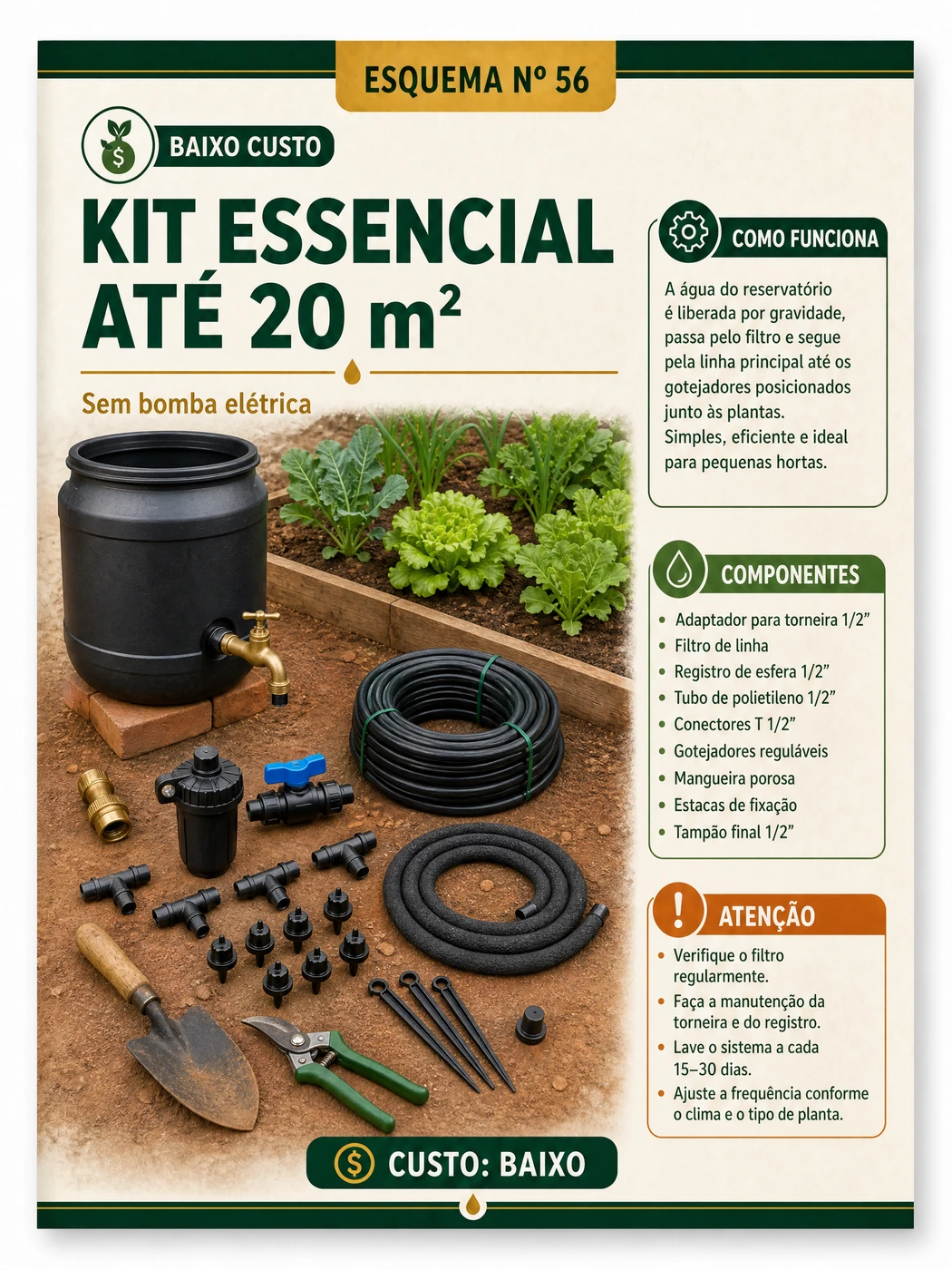 Página com kit essencial de irrigação de baixo custo